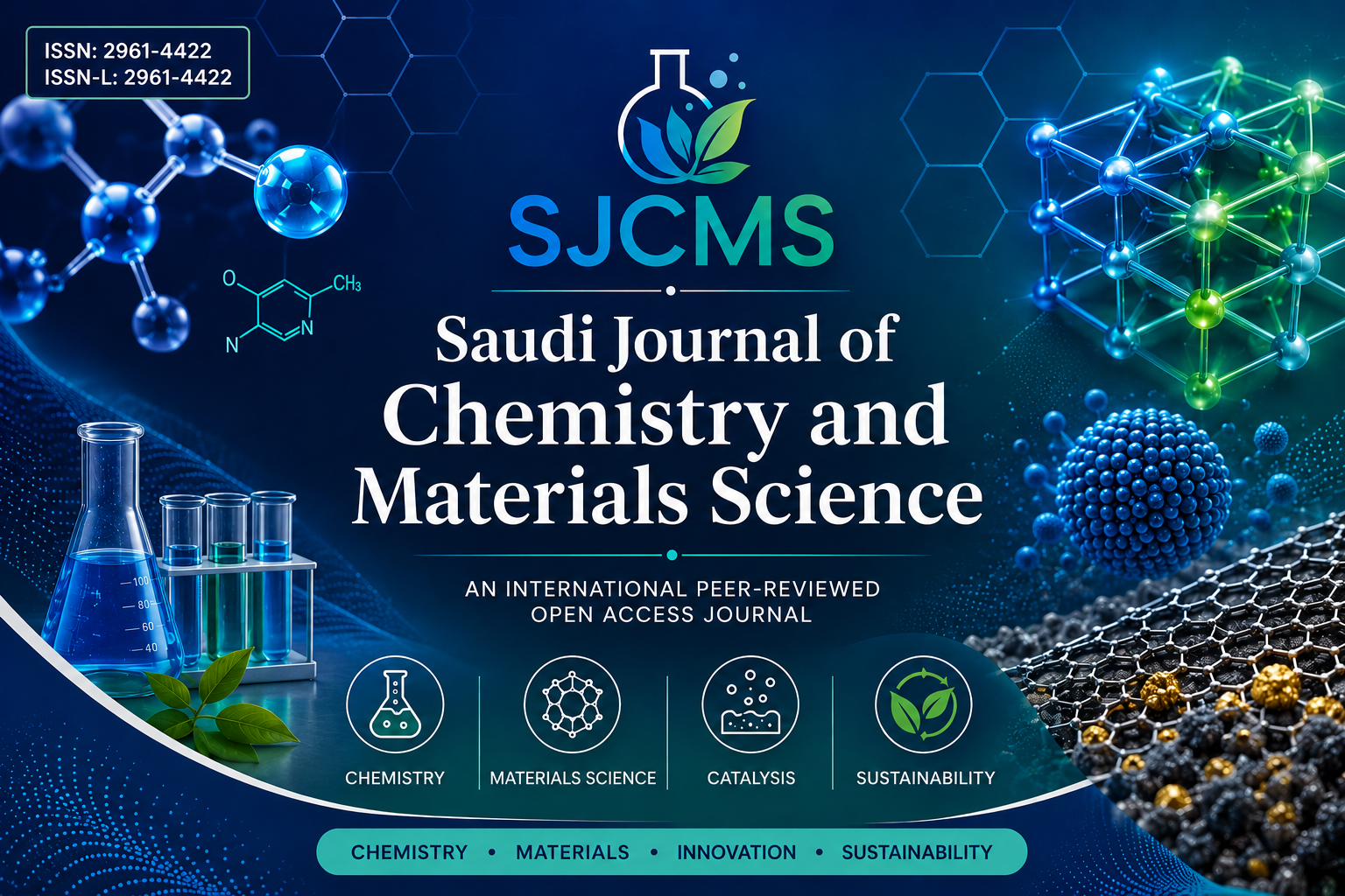 Saudi Journal of Chemistry and Materials Science (SJCMS) promotional banner featuring a blue and teal scientific theme. The center displays the journal title beneath the SJCMS logo. Surrounding the title are illustrations of molecular structures, nanomaterials, advanced material lattices, laboratory glassware, and sustainable chemistry elements including green leaves. The banner highlights the journal's focus on chemistry, materials science, catalysis, nanotechnology, innovation, and sustainability. The upper-left corner displays ISSN: 2961-4422 and ISSN-L: 2961-4422. The design emphasizes scientific research, advanced materials, and environmentally responsible innovation.